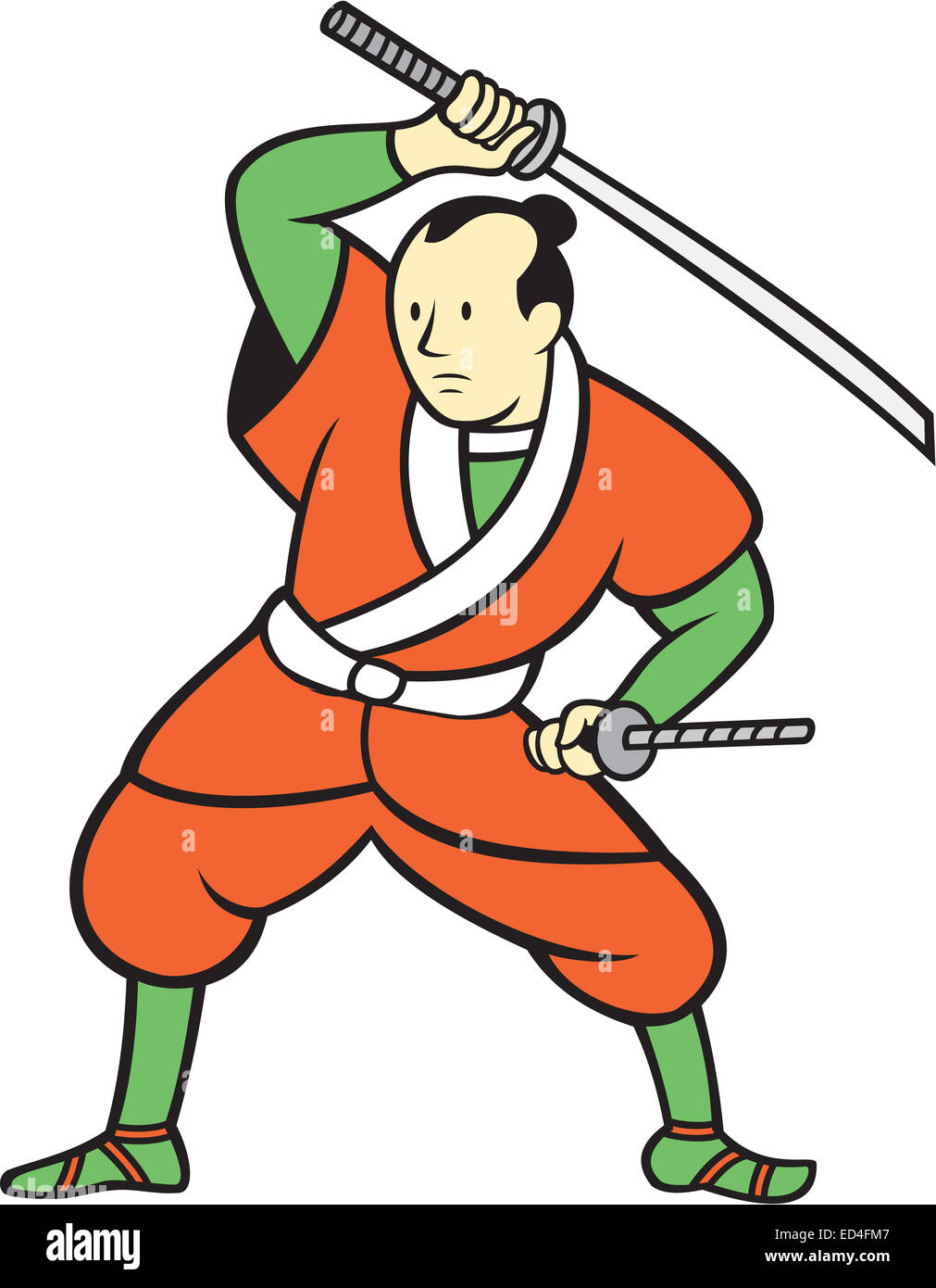 Abbildung von einem Krieger stehend schwingende Katana Samuraischwert Blick auf die Seite setzen auf isolierten weißen Hintergrund im Cartoon-Stil gemacht. Stockfoto