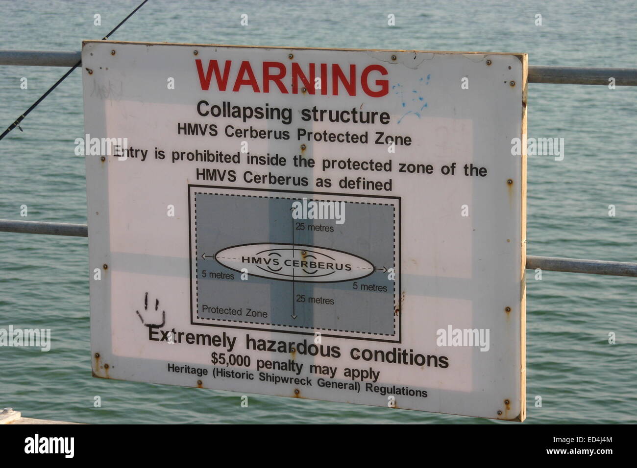 Warnschild, bezüglich HMVS Cerberus, ein partically untergetauchten Krieg-Schiff Stockfoto