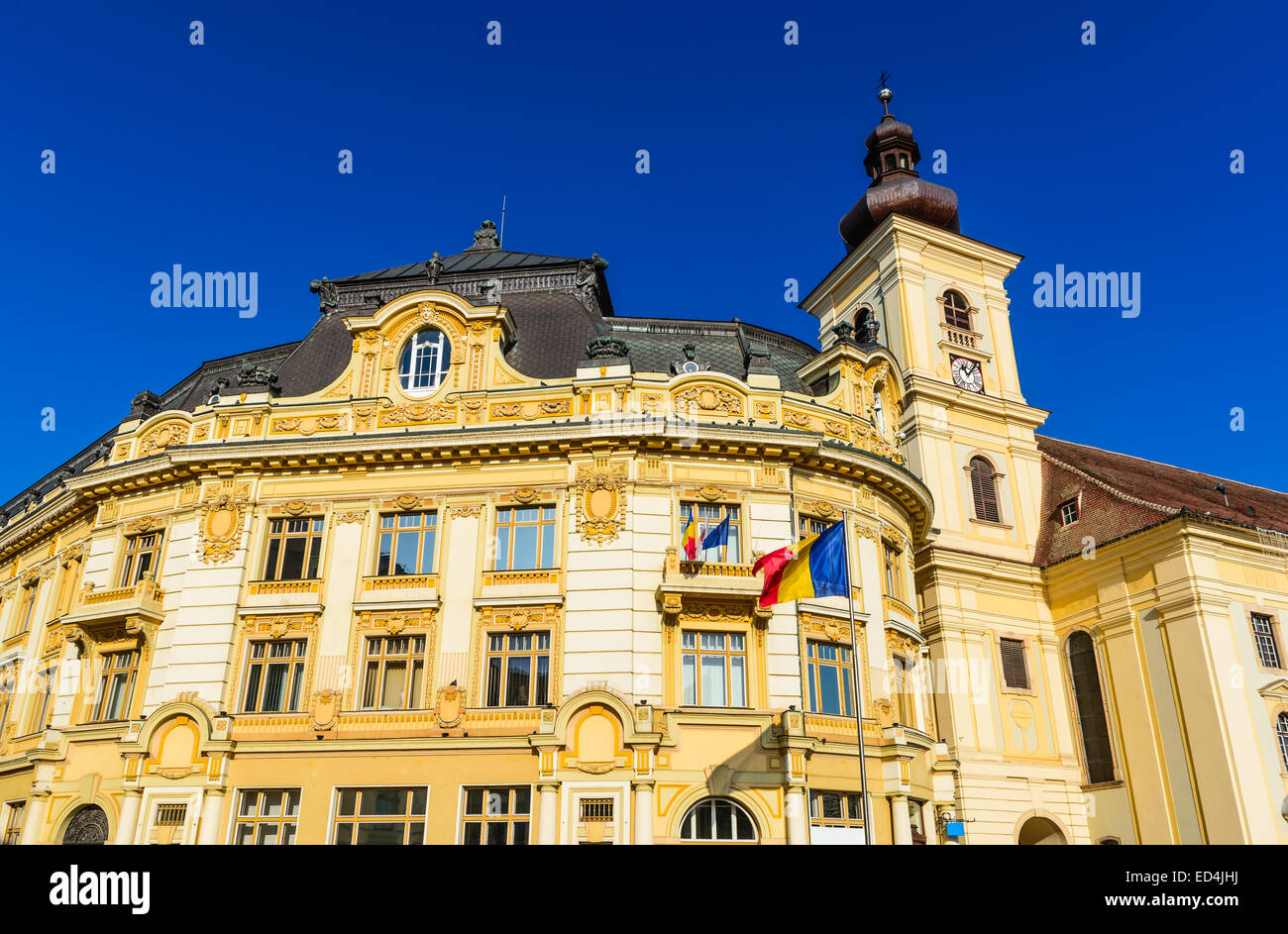 Architektur Details des Rathauses in großen Ring Sibiu Innenstadt, mittelalterliche Stadt in Siebenbürgen, Rumänien. Stockfoto