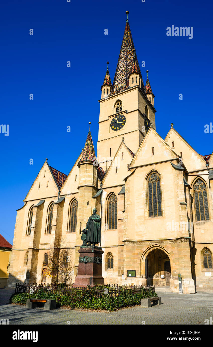 Sibiu, Rumänien. Lutherische Kathedrale, gotischer Architektur in Siebenbürgen, Wahrzeichen von Sachsen. Stockfoto