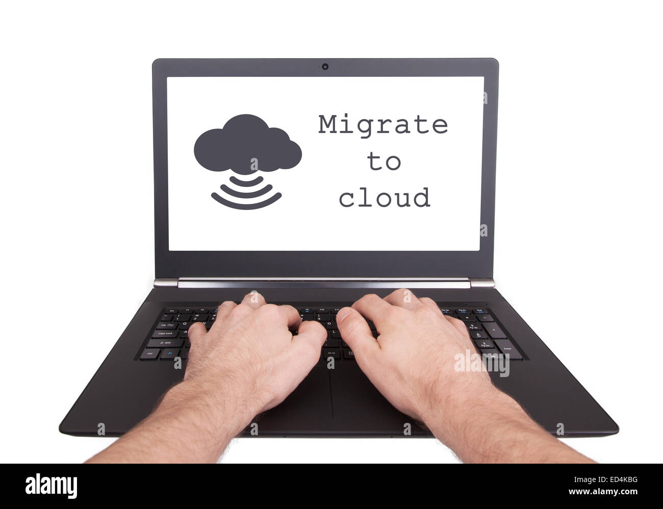 Mann arbeiten am Laptop, Migration auf Wolke, isoliert Stockfoto