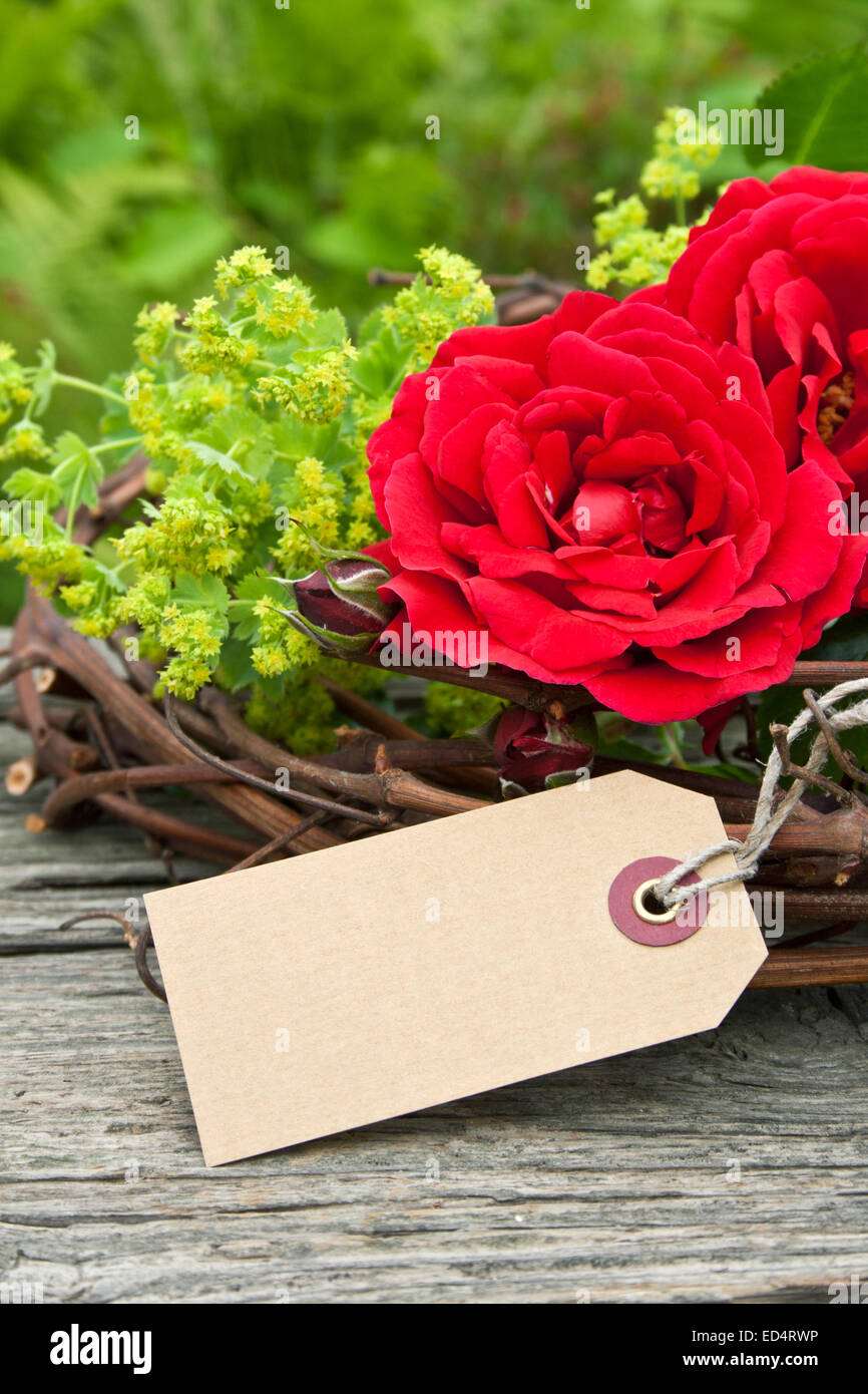 Grußkarte mit roten Rosen und Kopierraum Stockfoto