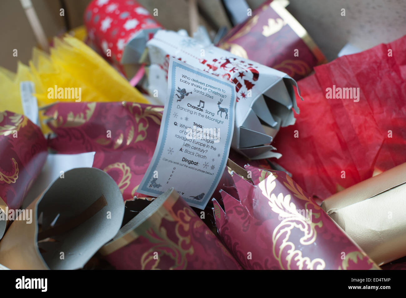 Kiste voller zog Christmas Cracker und Papierhüte ins recycling nach dem saisonalen Festivitäten gehen Stockfoto