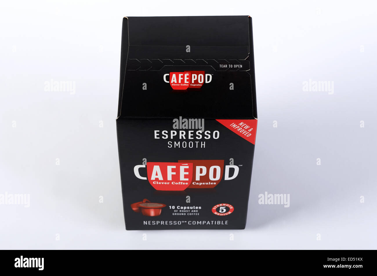 Espresso glatt Cafe Pod Nespresso kompatible Kaffee pods Stockfoto