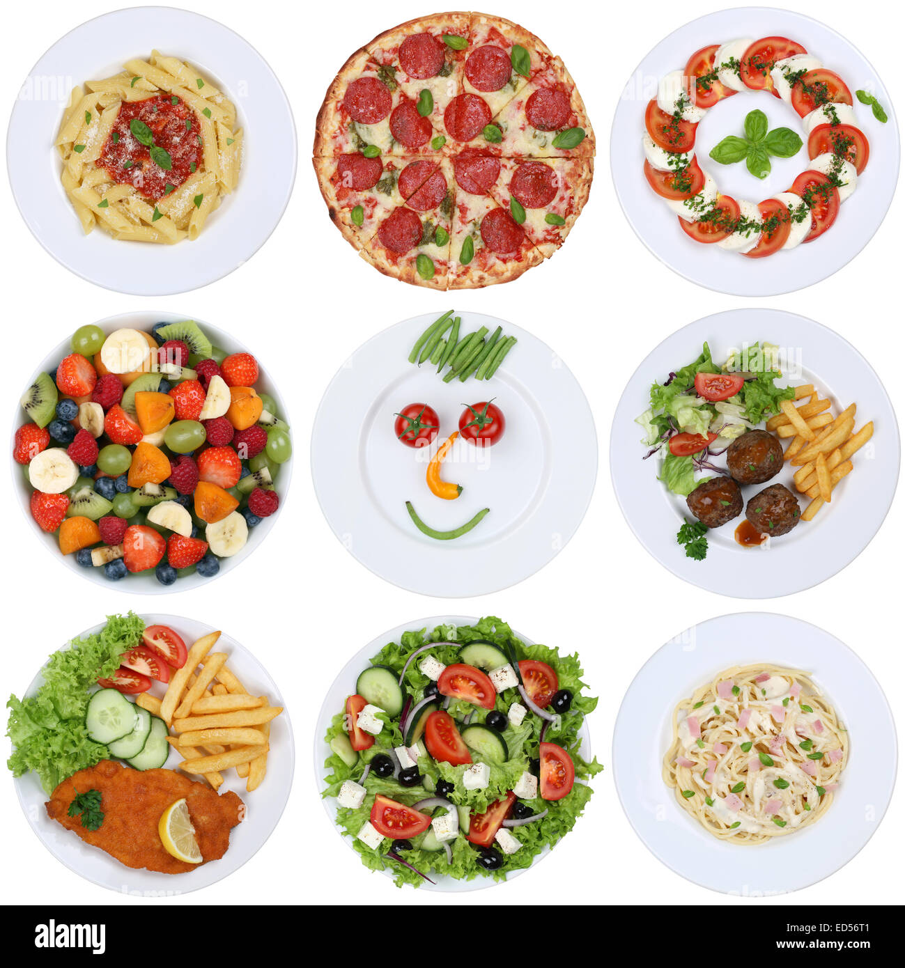 Sammlung von Food-Mahlzeiten mit Pizza, Salat, Pasta, Spaghetti, Obst und Fleisch Stockfoto