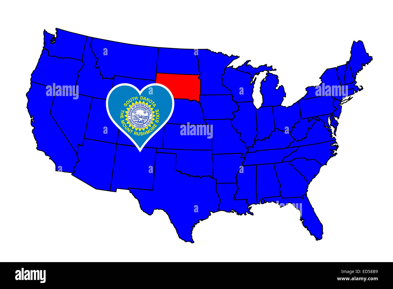 Umriss des Bundesstaates South Dakota und Symbol einfügen Satz in einer Karte der Vereinigten Staaten von Amerika Stockfoto