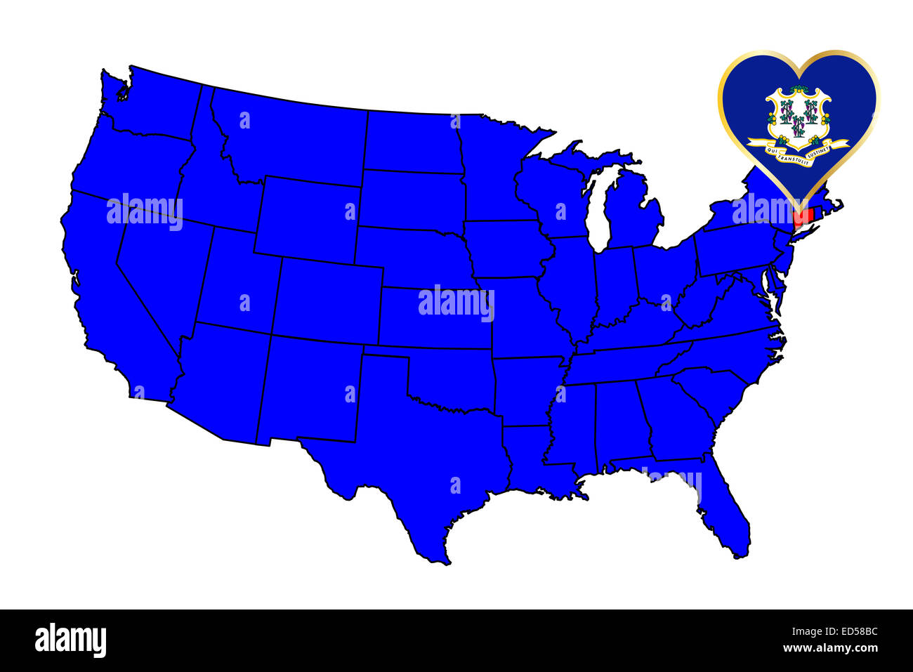 Umriss des Bundesstaates Connecticut und Symbol einfügen Satz in einer Karte der Vereinigten Staaten von Amerika Stockfoto