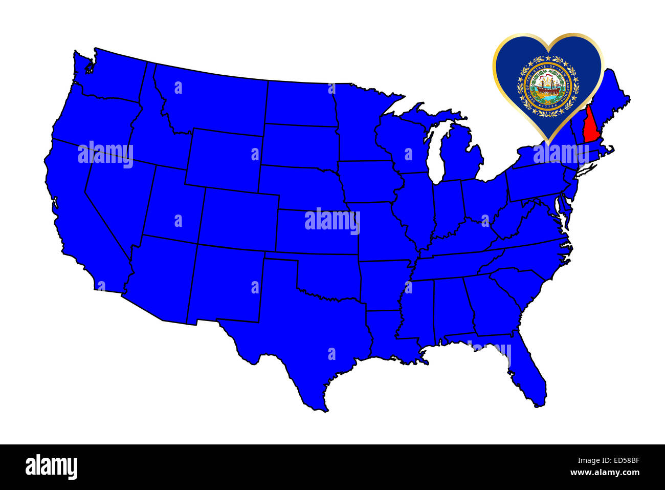 Umriss des Bundesstaates New Hampshire und Symbol einfügen Satz in einer Karte der Vereinigten Staaten von Amerika Stockfoto