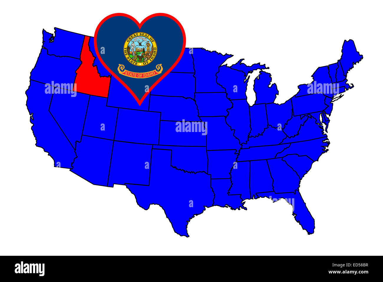 Umriss des Bundesstaates Idaho und Symbol einfügen Satz in einer Karte der Vereinigten Staaten von Amerika Stockfoto