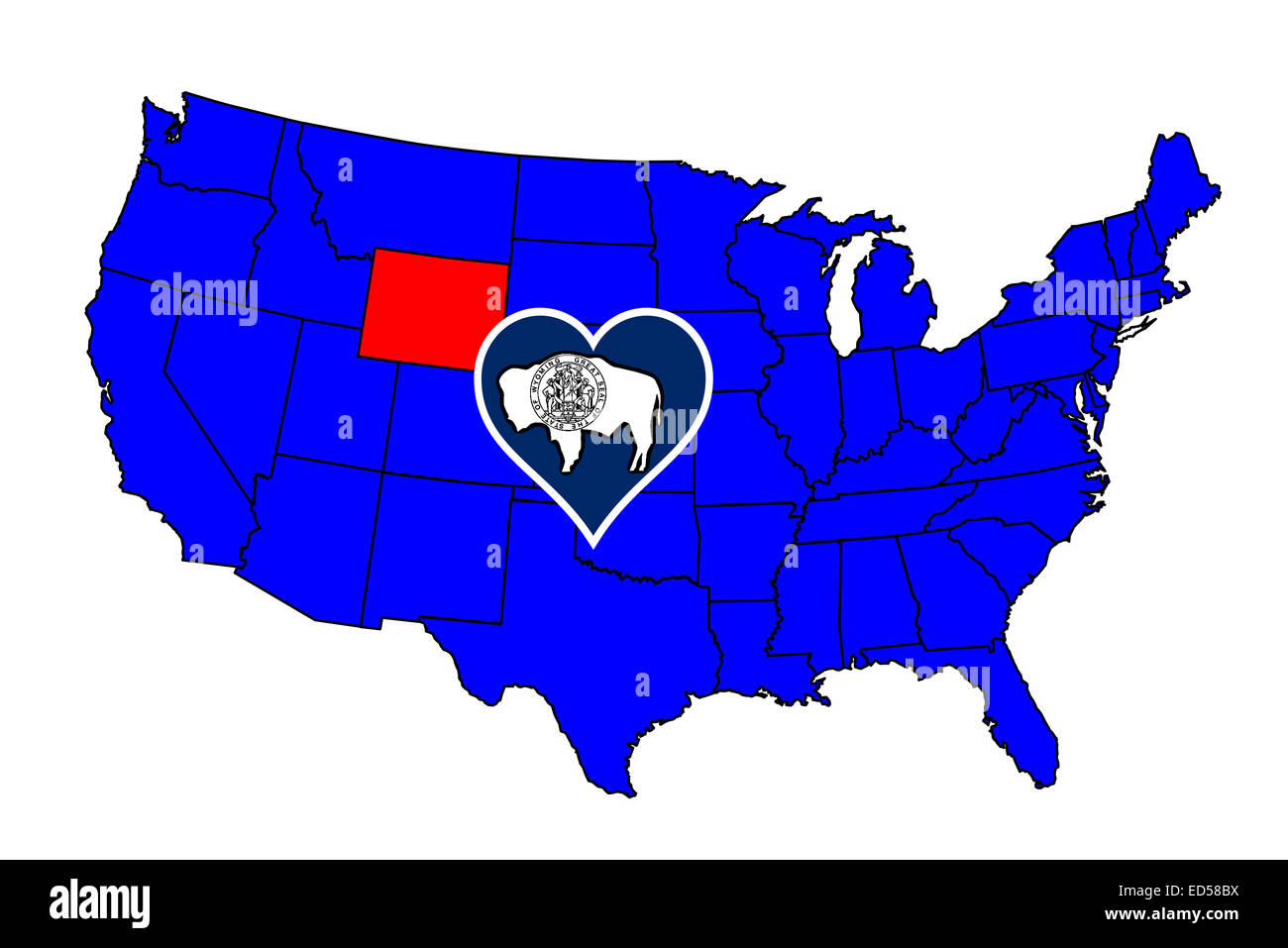 Umriss des Bundesstaates Wyoming und Symbol einfügen Satz in einer Karte der Vereinigten Staaten von Amerika Stockfoto