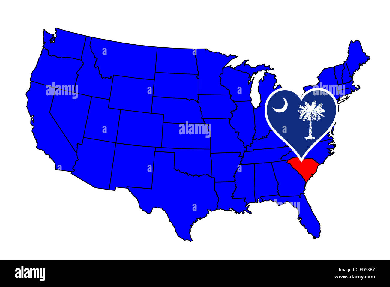 Umriss des Bundesstaates South Carolina und Symbol einfügen Satz in einer Karte der Vereinigten Staaten von Amerika Stockfoto