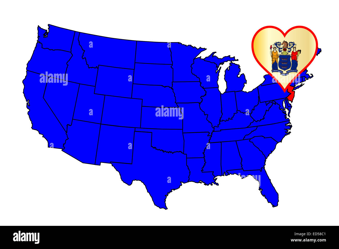 Umriss des Bundesstaates New Jersey und Symbol einfügen Satz in einer Karte der Vereinigten Staaten von Amerika Stockfoto