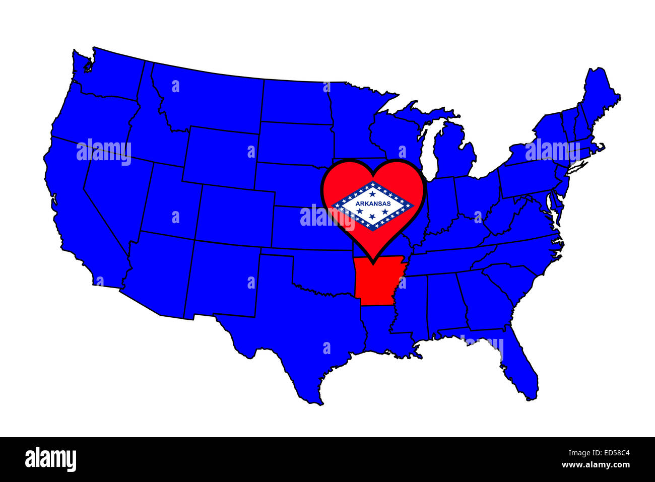 Umriss des Bundesstaates Arkansas und Symbol einfügen Satz in einer Karte der Vereinigten Staaten von Amerika Stockfoto
