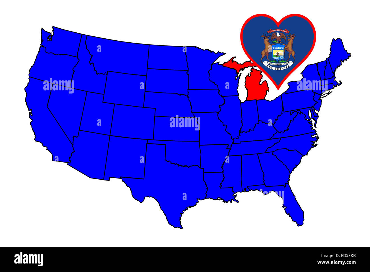 Umriss des Bundesstaates Michigan und Symbol einfügen Satz in einer Karte der Vereinigten Staaten von Amerika Stockfoto