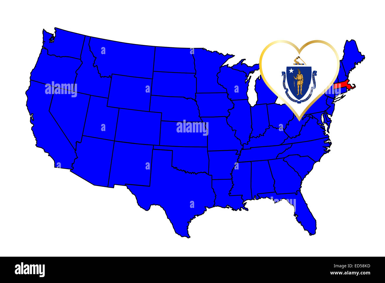 Umriss des Bundesstaates Massachusetts und Symbol einfügen Satz in einer Karte der Vereinigten Staaten von Amerika Stockfoto
