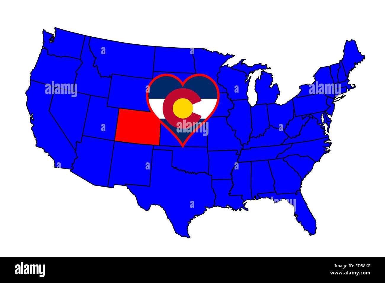 Umriss des Bundesstaates Colorado und Symbol einfügen Satz in einer Karte der Vereinigten Staaten von Amerika Stockfoto