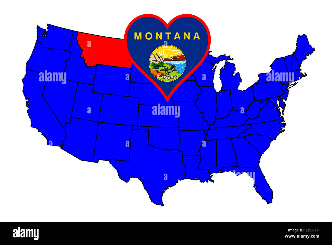 Umriss des Bundesstaates Montana und Symbol einfügen Satz in einer Karte der Vereinigten Staaten von Amerika Stockfoto