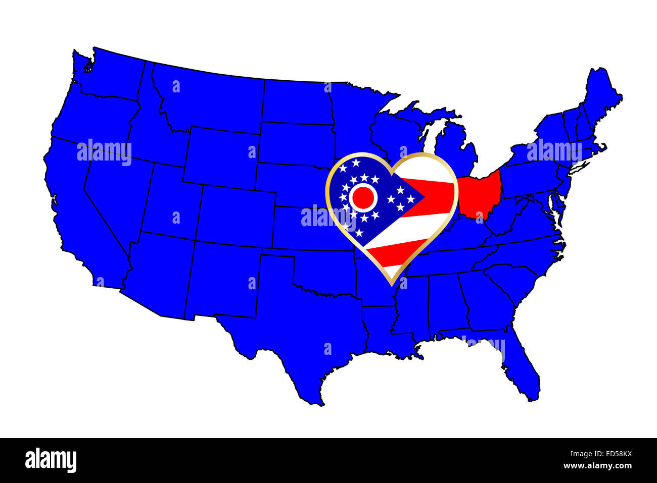 Umriss des Bundesstaates Ohio und Symbol einfügen Satz in einer Karte der Vereinigten Staaten von Amerika Stockfoto