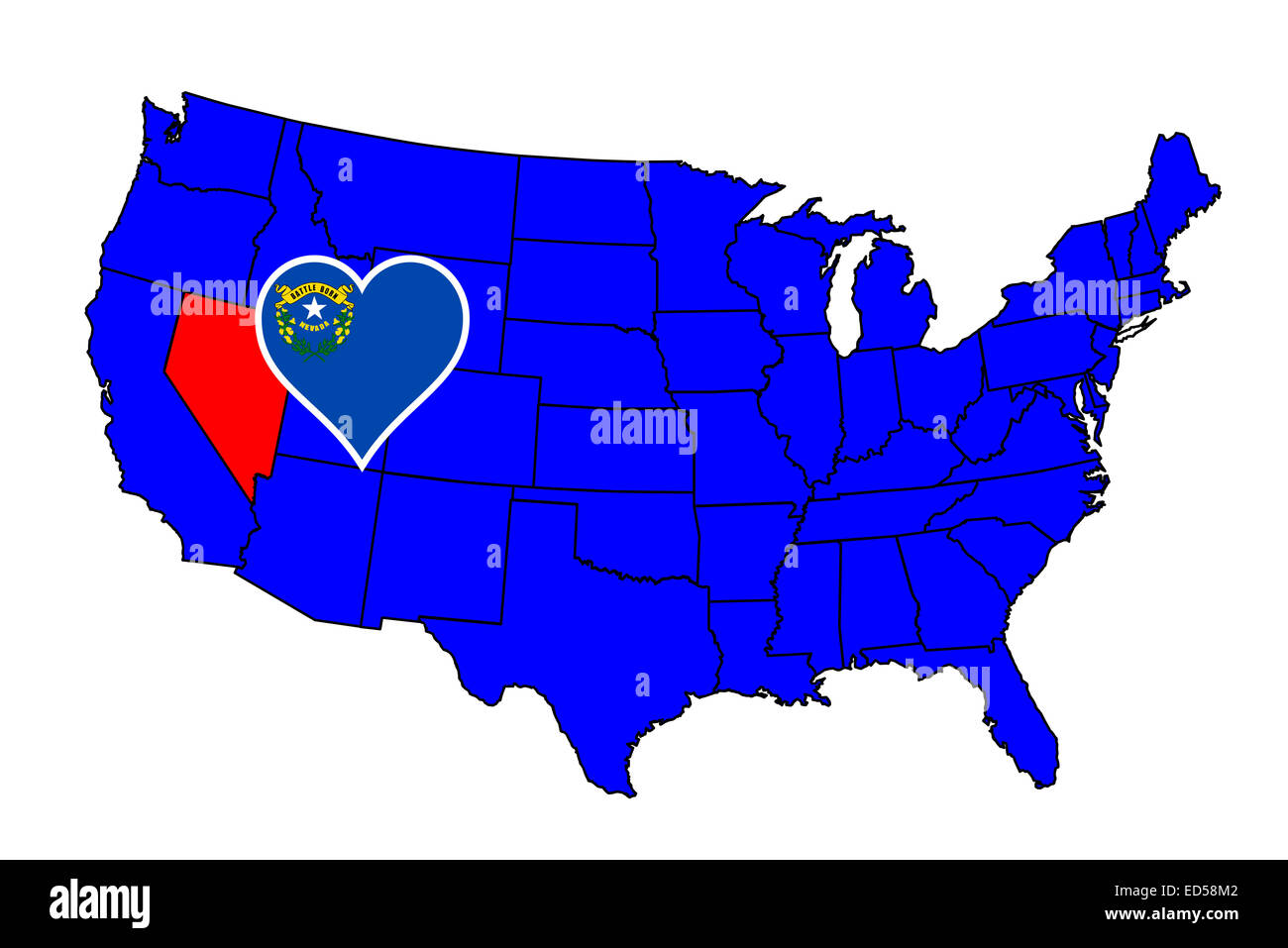 Umriss des Bundesstaates Nevada und Symbol einfügen Satz in einer Karte der Vereinigten Staaten von Amerika Stockfoto