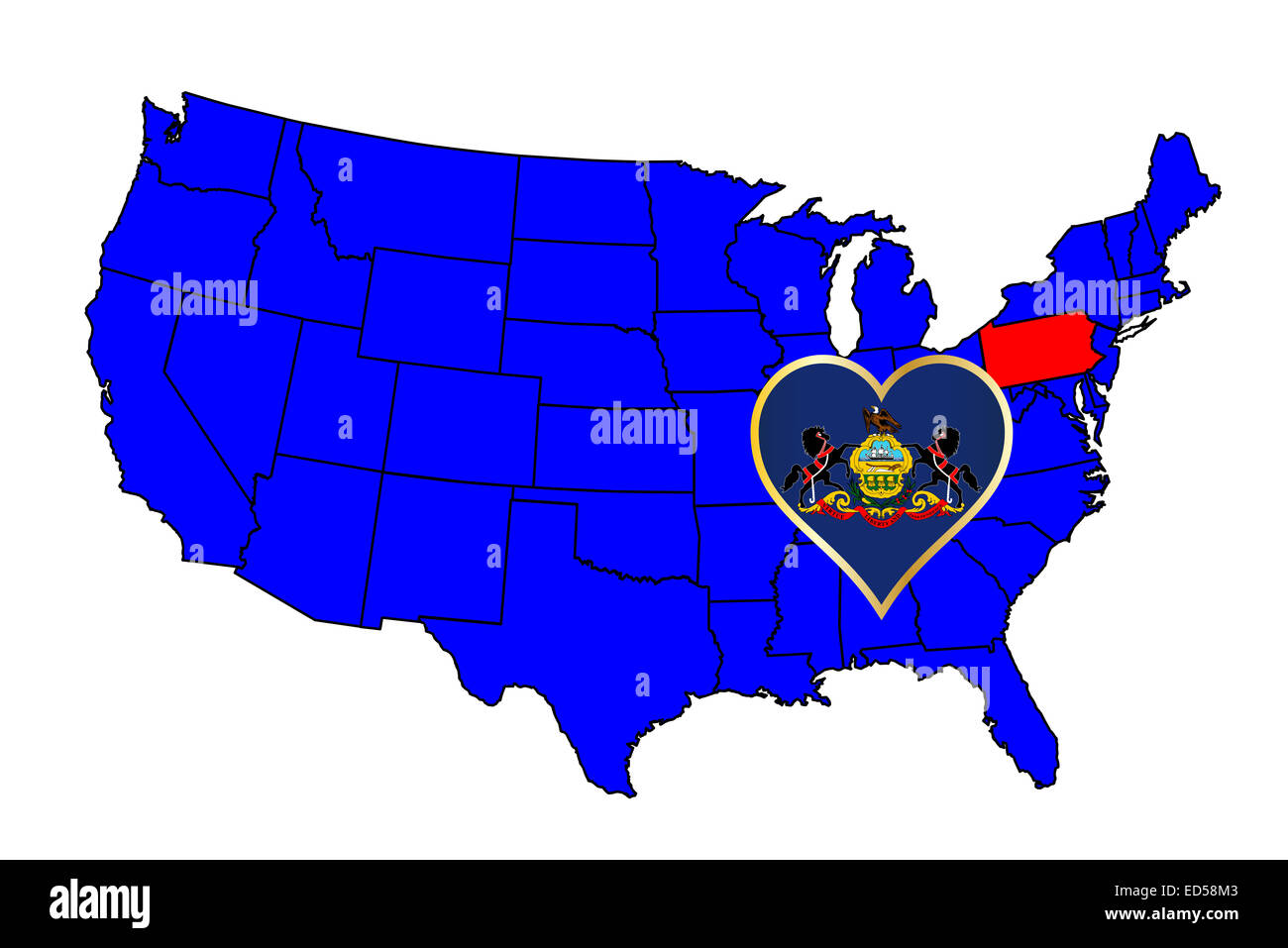 Umriss des Bundesstaates Pennsylvania und Symbol einfügen Satz in einer Karte der Vereinigten Staaten von Amerika Stockfoto