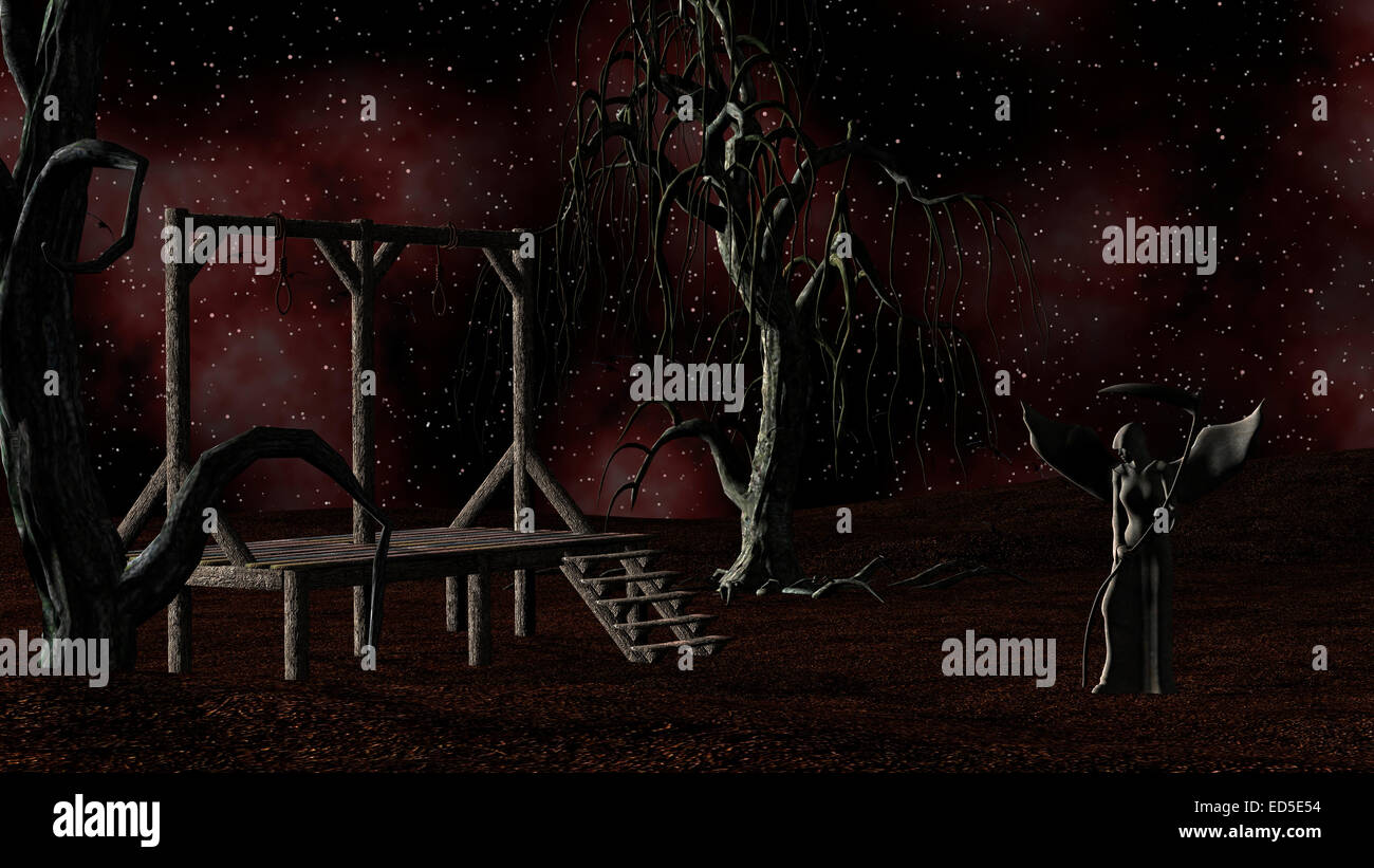 Engel des Todes - gruselige Hintergrund mit Galgen und Krähen in der Nacht mit gruseligen Bäume Stockfoto