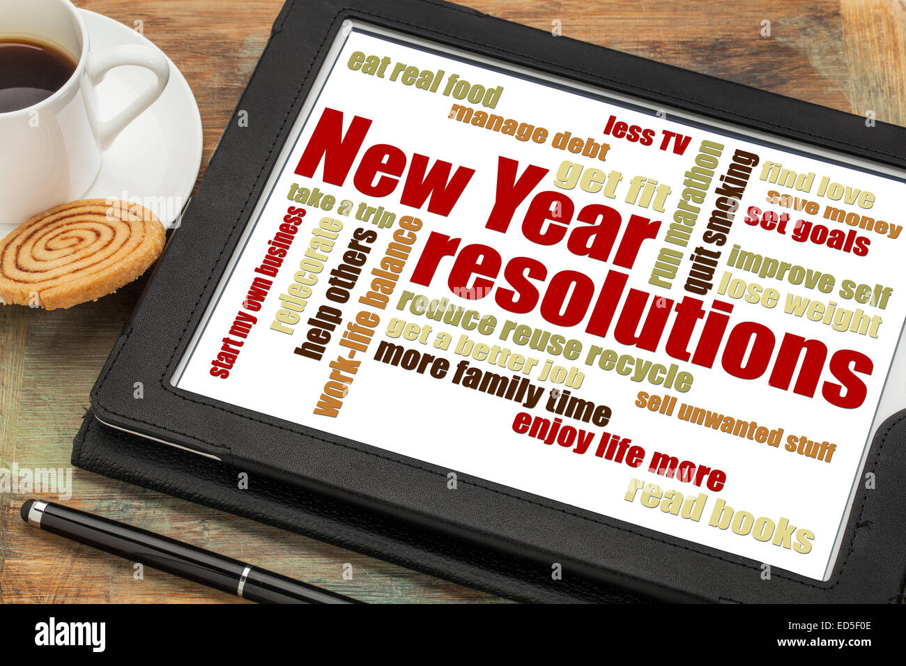 Neujahr-Ziele oder Auflösungen - eine Wortwolke auf digitale Tablett mit Kaffee Stockfoto