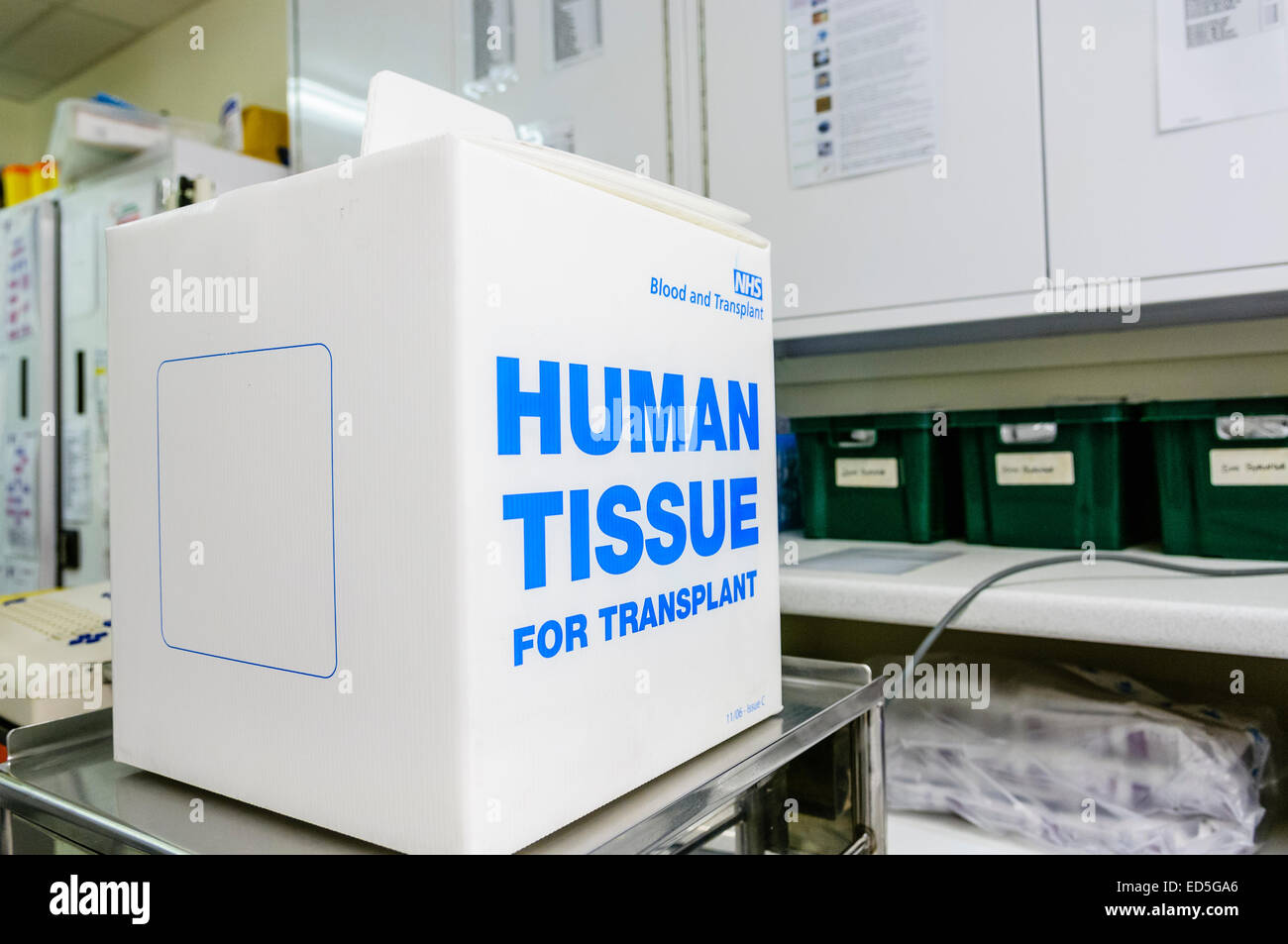Feld in einem Krankenhaus: "Menschliche Gewebe für Transplantationen' mit Op-Pack für Orgel Ernte, und Anweisungen für den Transport Stockfoto
