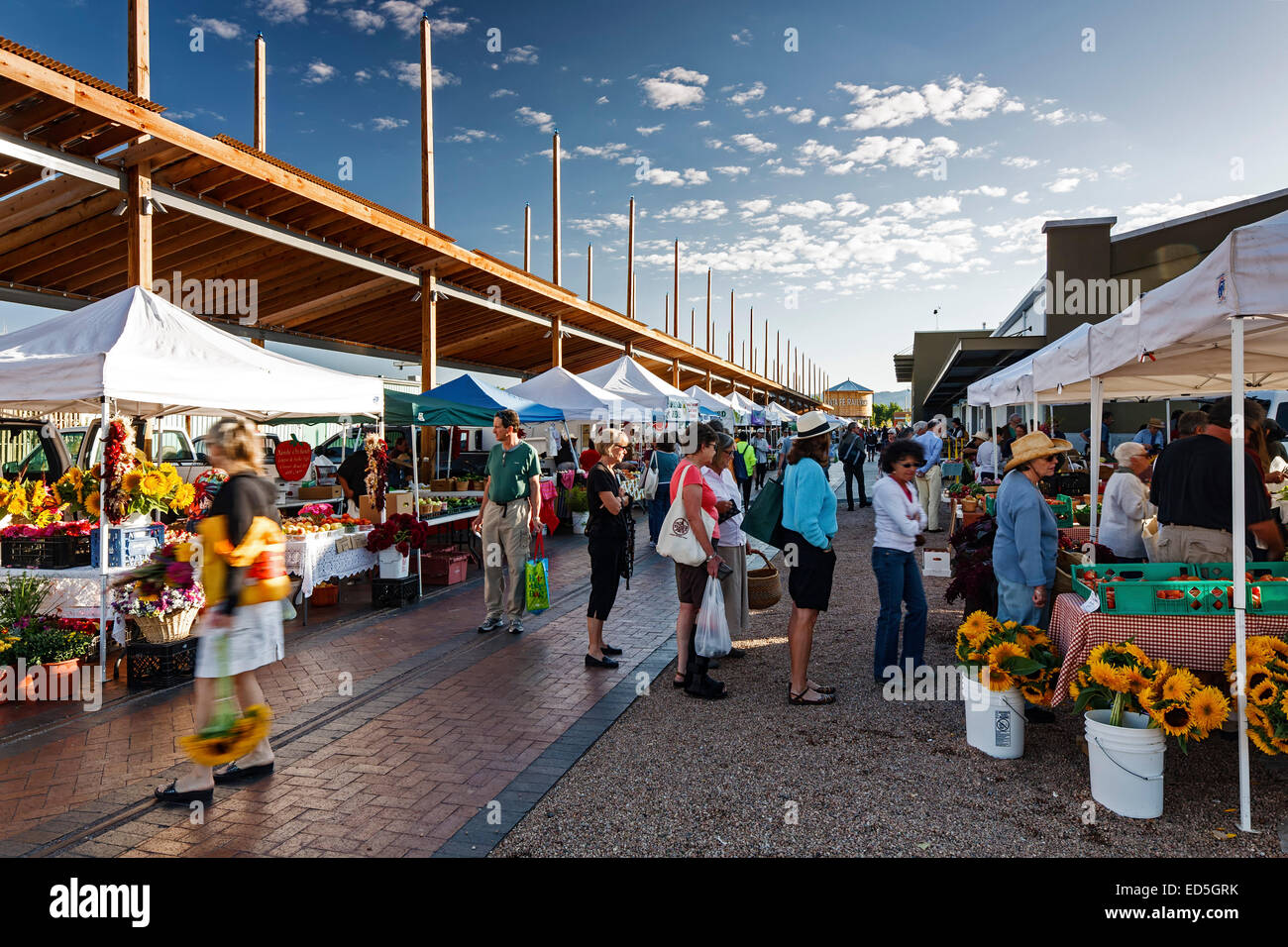 Käufer und Verkäufer, Bauernmarkt, Railyard District, Santa Fe, New Mexico, Vereinigte Staaten Stockfoto