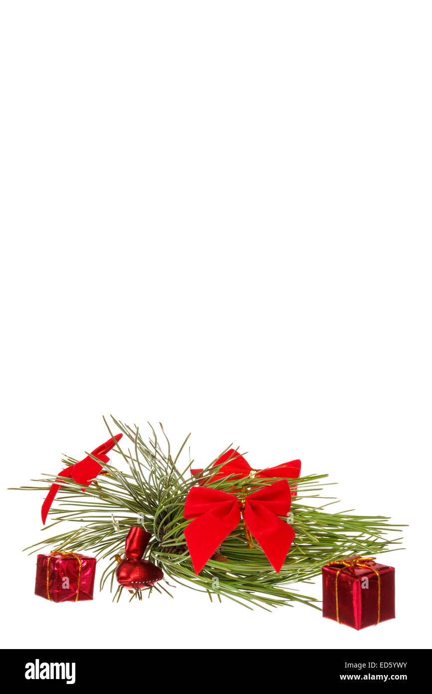 Weihnachts-Dekoration mit grünen Kiefern oder Tannen und viele Geschenke für den Weihnachtsbaum. Feiertagsdekorationen isoliert auf weißem Hintergrund. Stockfoto