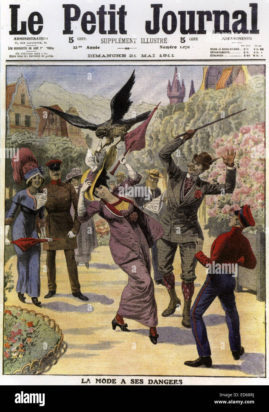 Mode kann gefährlich sein - eine gefüllte Taube als eine Hut-Schmuck wird von einem Falken in diese Abdeckung aus französischen wöchentliche Zeitschrift Le Petit Journal 21. Mai 1911 angegriffen Stockfoto