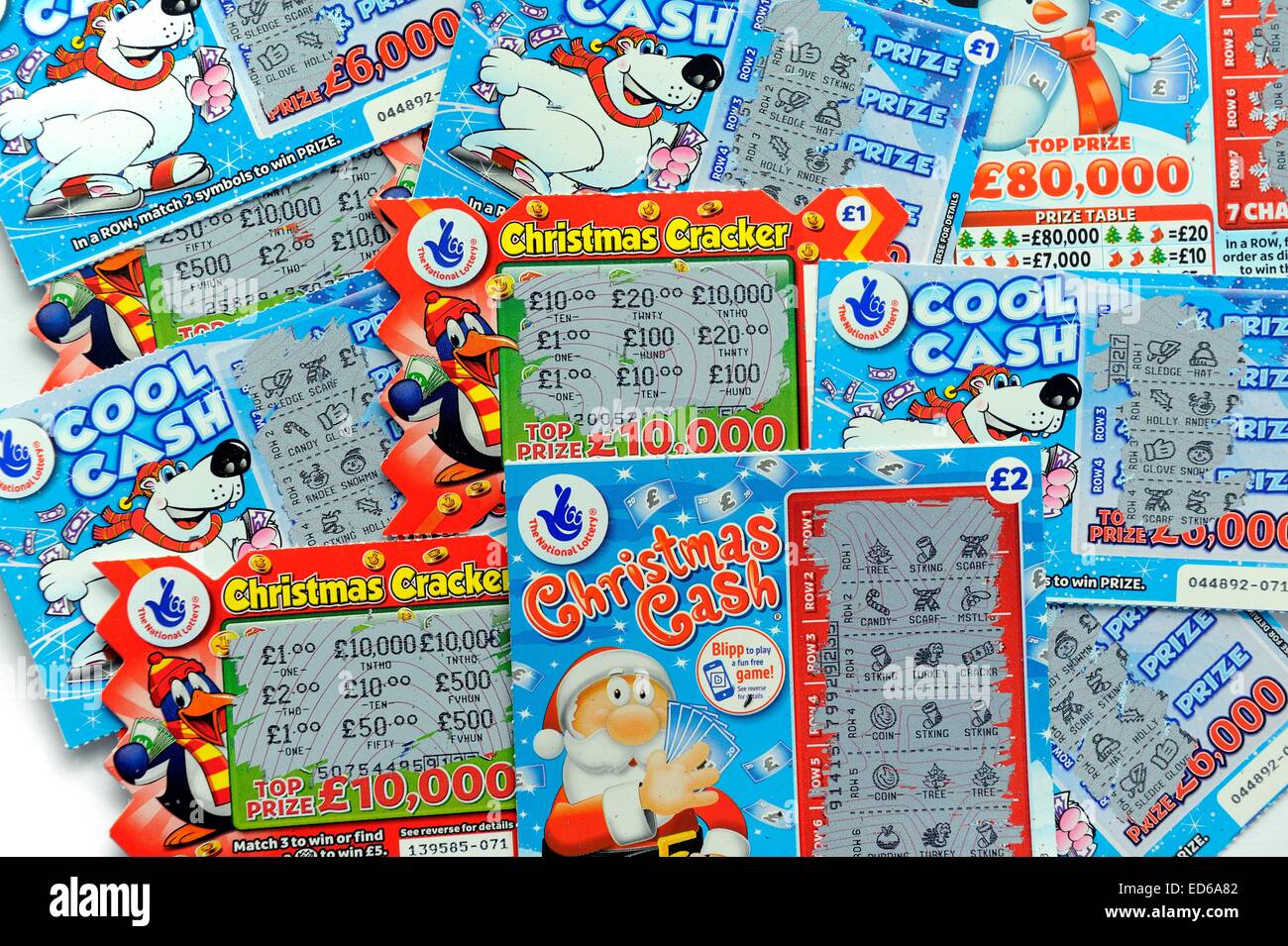 Die nationale Lotterie Weihnachten Rubbelkarten Stockfoto