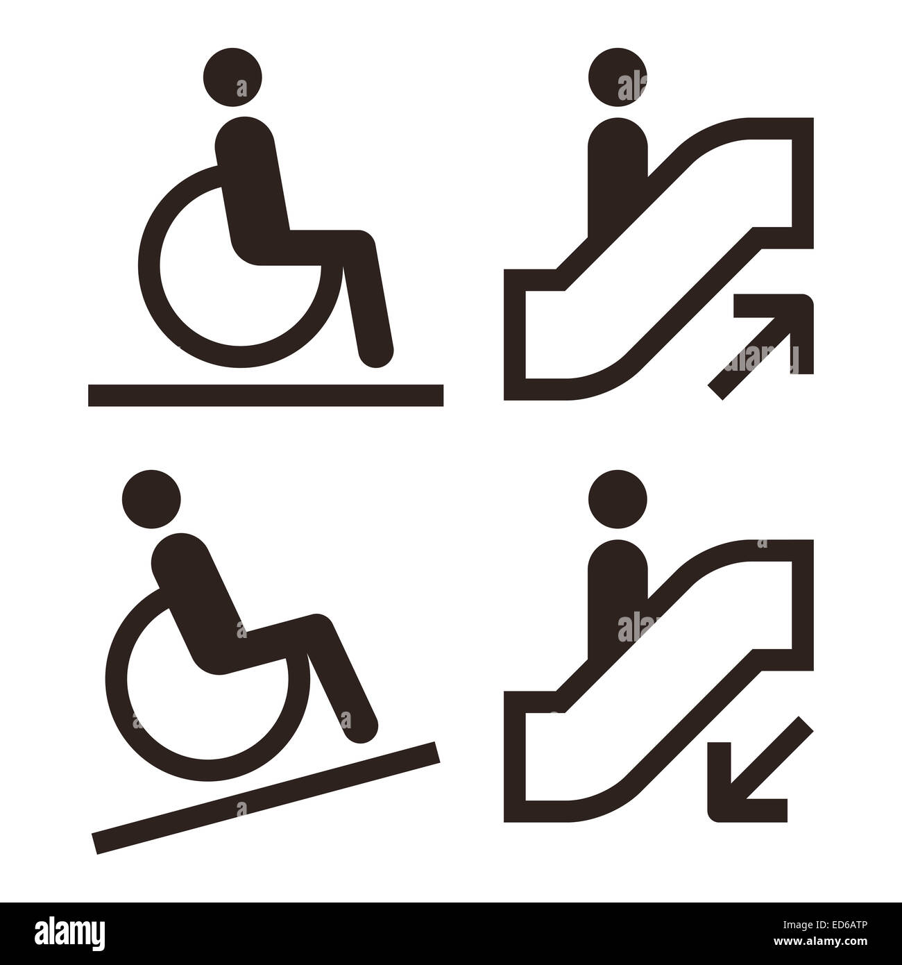 Rolltreppe und Einrichtungen für Behinderte Symbole isoliert auf weißem Hintergrund Stockfoto