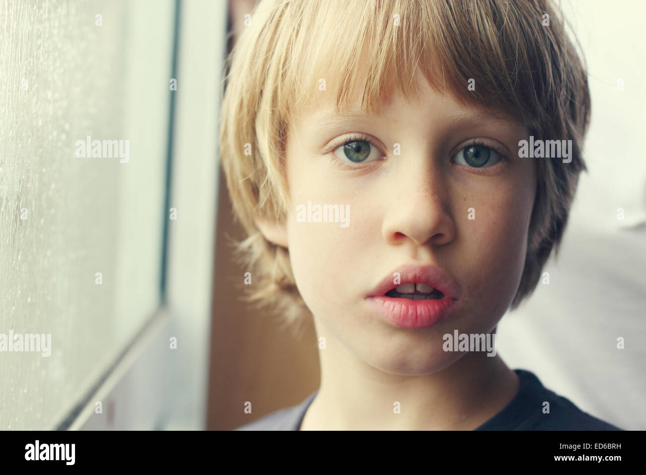Niedliche 6 Jahre alter Junge Blick durch das Fenster Stockfoto