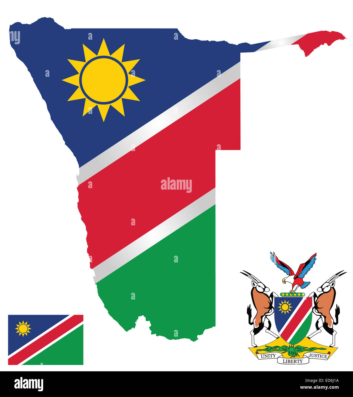Flagge und Staatswappen der Republik Namibia überlagert, detaillierte Übersichtskarte Stockfoto