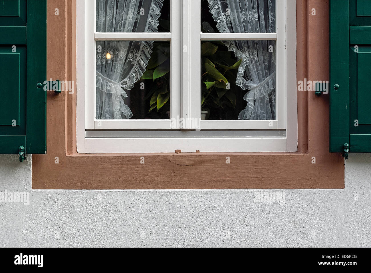 Traditionelle Shuttered Fenster mit weißen Gardinen, Rüdesheim au Rhein, Deutschland Stockfoto