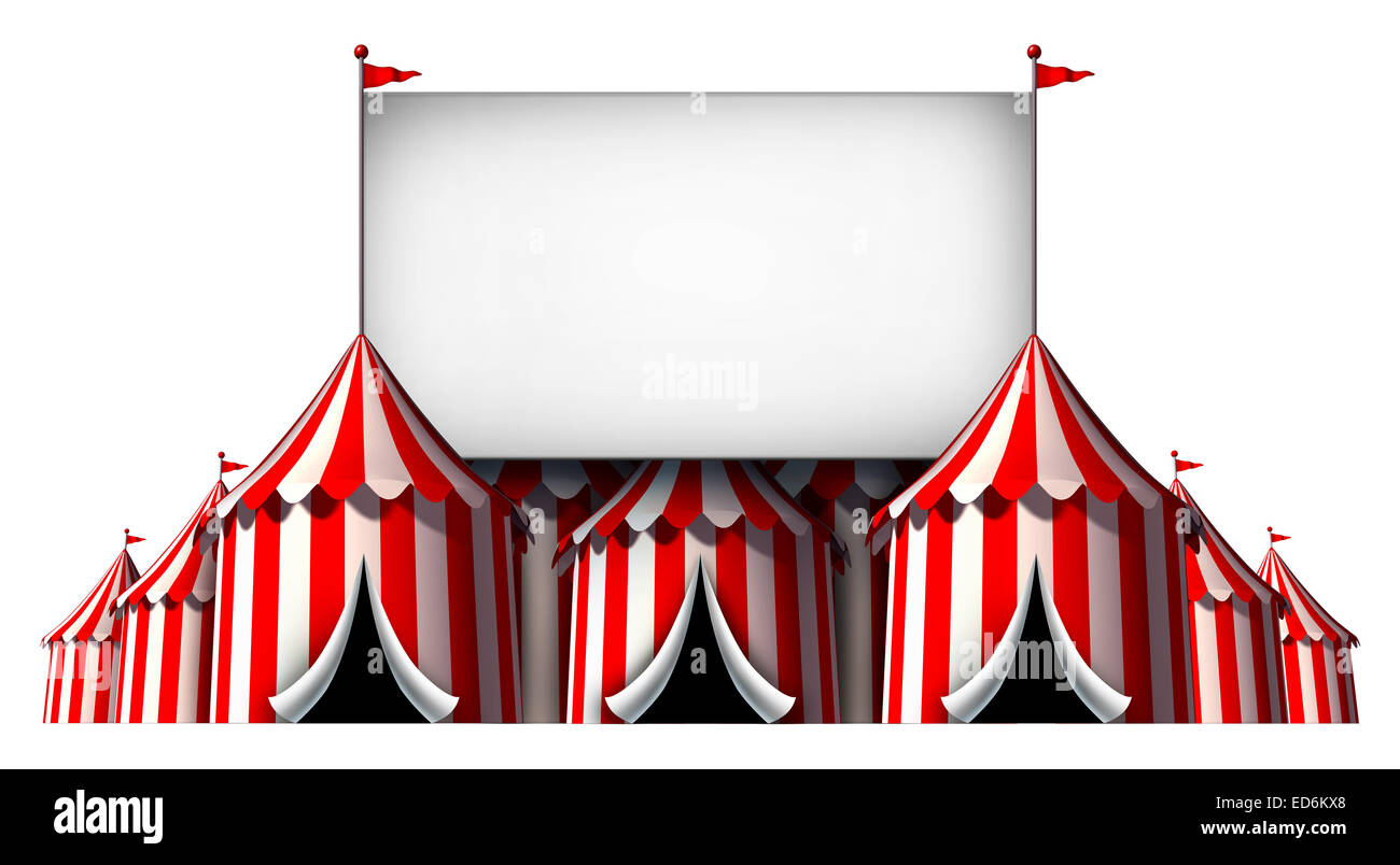 Zirkus-Zeichen als eine Gruppe von Zirkuszelt Karneval Zelte mit ein großes leeres Plakat als eine lustige Unterhaltung Symbol für eine theatralische Feier oder Party Festival isoliert auf einem weißen Hintergrund. Stockfoto