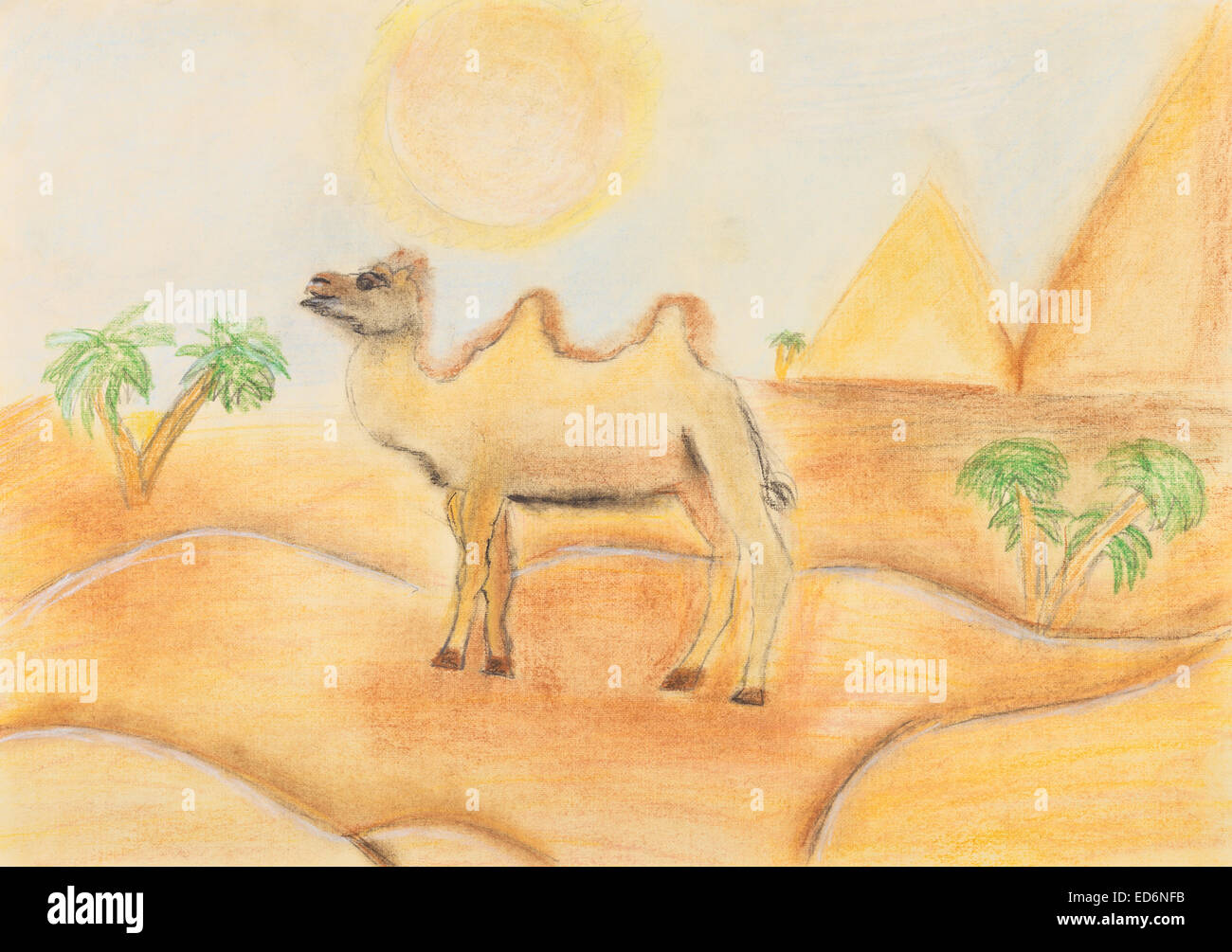 Kinder Zeichnung - baktrischen Kamel im heißen Wüstensand unter der sengenden Sonne Stockfoto