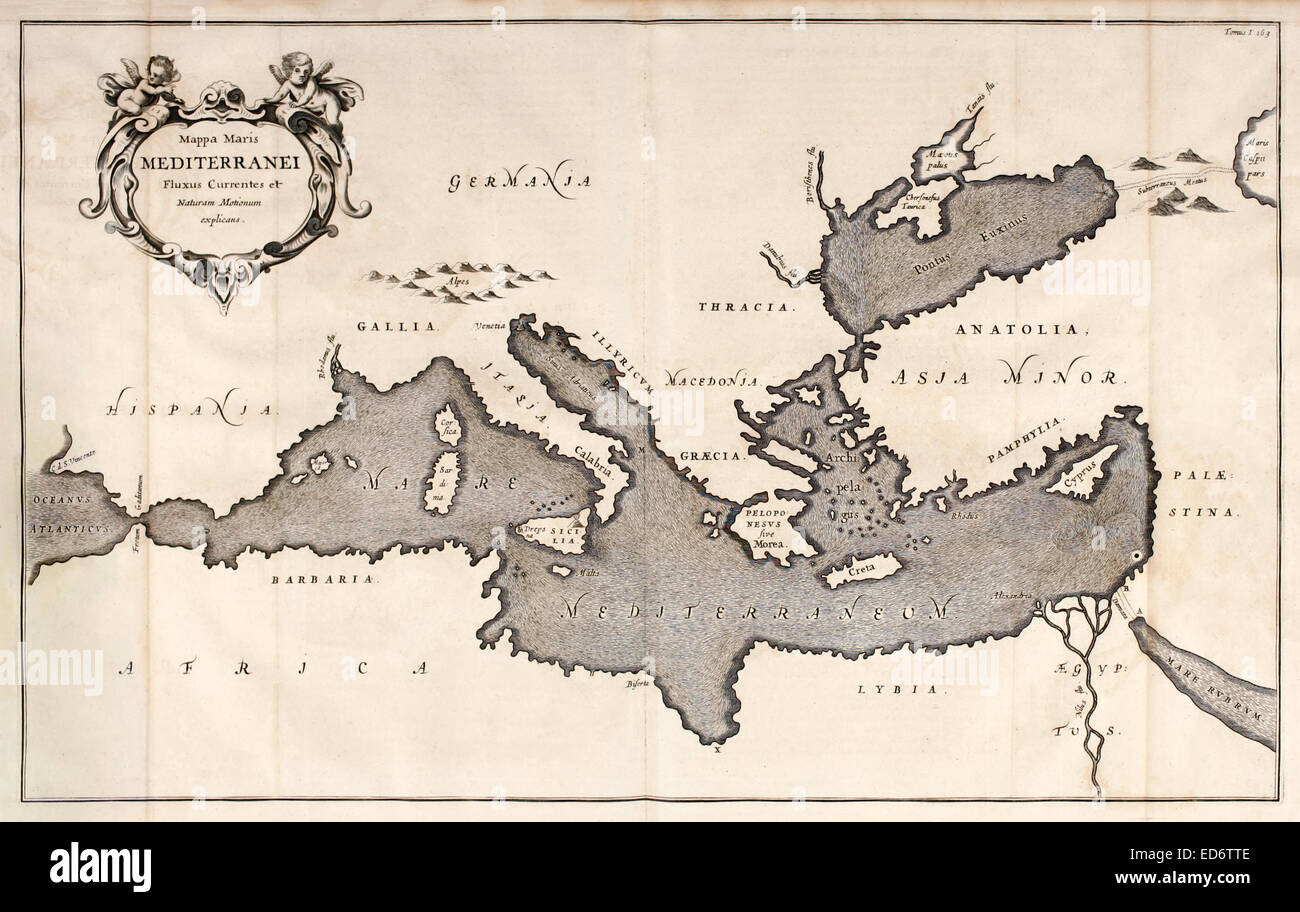 "Mappa Maris Mediterranei Fluxus Currentes et Naturam Motionum Explicans 17. Jahrhundert Karte des Mittelmeers zeigt Meeresströmungen. Siehe Beschreibung für mehr Informationen. Stockfoto
