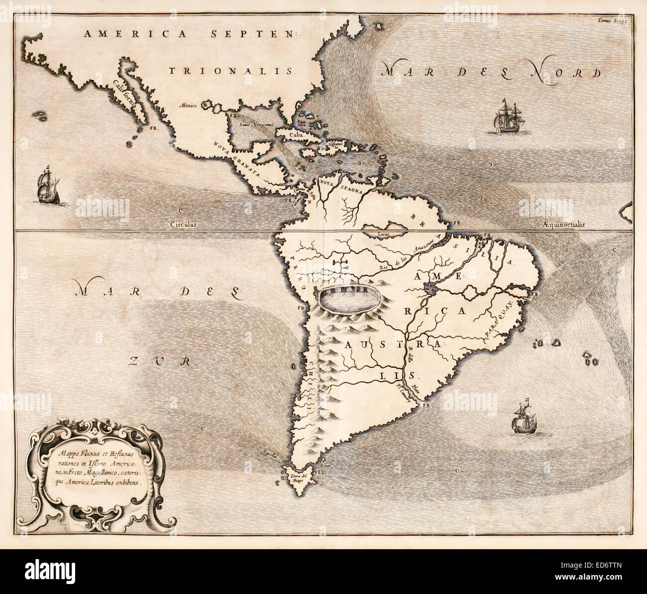 "Mappa Fluxus et Refluxus Rationes in Isthmo Americano" 17. Jahrhundert Karte von Nord- und Südamerika zeigen die Meeresströmungen. Es zeigt auch Flüsse, Seen, die Anden als Vulkane und ein riesiger See in einem Krater als die Quelle des Amazonas. Siehe Beschreibung für mehr Informationen. Stockfoto