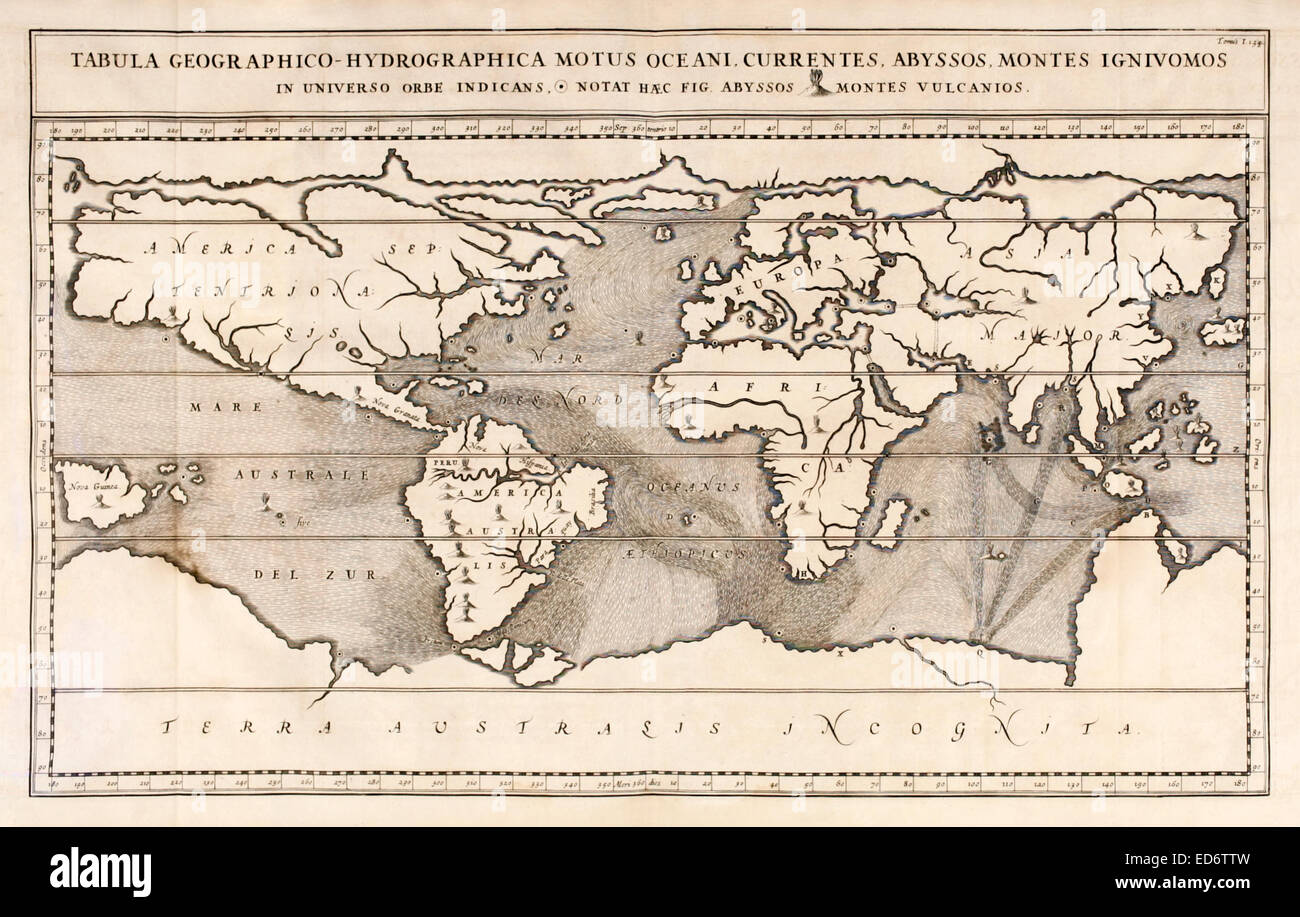 "Tabula Geographico-Hydrographica Motus Oceani", die erste Weltkarte der Ozeane Ströme darstellen erstellen im Jahre 1665. Diese bahnbrechenden Karte Kontinente nur labels und zeigt den Ozean Ströme und Vulkane. Siehe Beschreibung für mehr Informationen. Stockfoto