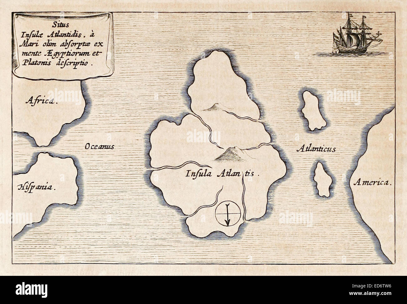 17. Jahrhundert Karte der verlorenen Insel von Atlantis "Situs Inful Atlantis". Siehe Beschreibung für mehr Informationen. Stockfoto