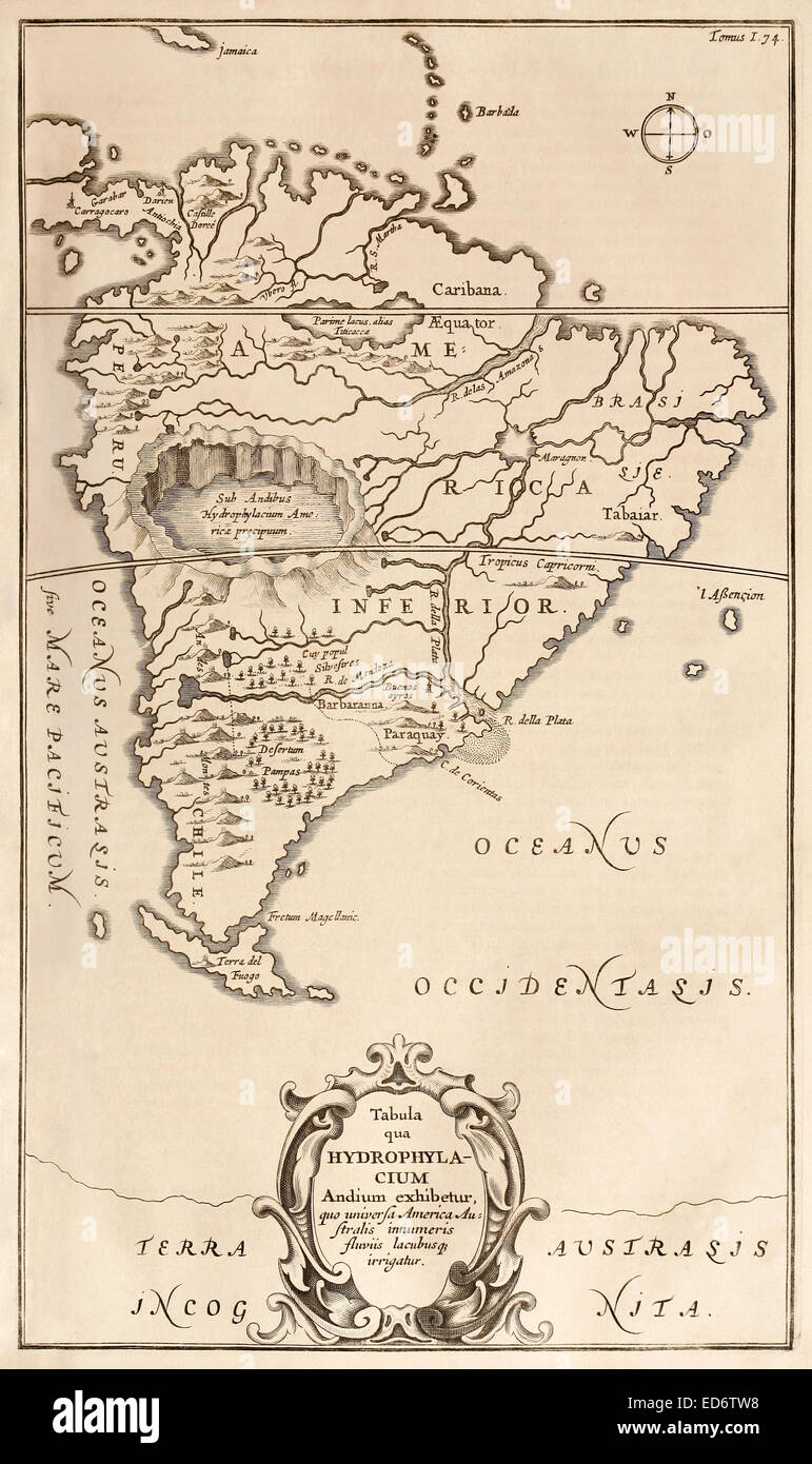 17. Jahrhundert-Karte von Südamerika zeigt den legendären See Parime (nicht falsch verlinken es See Tiricaca). Siehe Beschreibung für mehr Informationen. Stockfoto