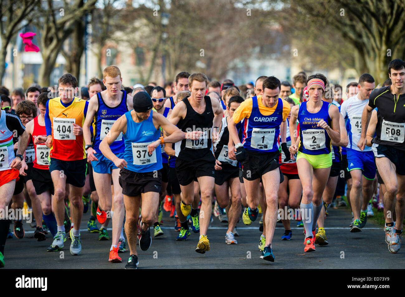 Eine Gruppe von Männern und Frauen Jogger und Läufer zusammen Aufbruch an der Startlinie des jährlichen Aberystwyth 10k Nächstenliebe Straßenrennen, Wales UK Stockfoto