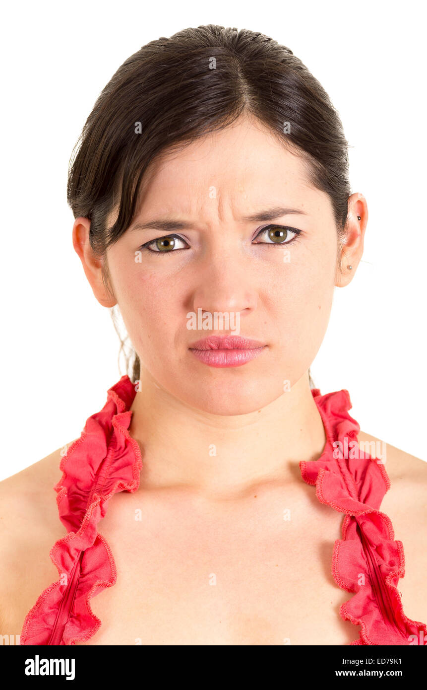 schöne junge Frau, die mit dem Ausdruck Verwirrung Stockfoto