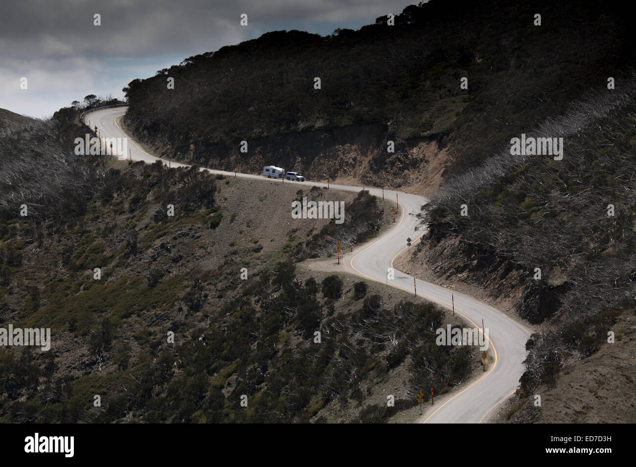 Allradantrieb Abschleppen Wohnwagen verhandelt die The Great Alpine Road, wie es auf der Seite von Mt Hotham Victoria Australien schlängelt Stockfoto