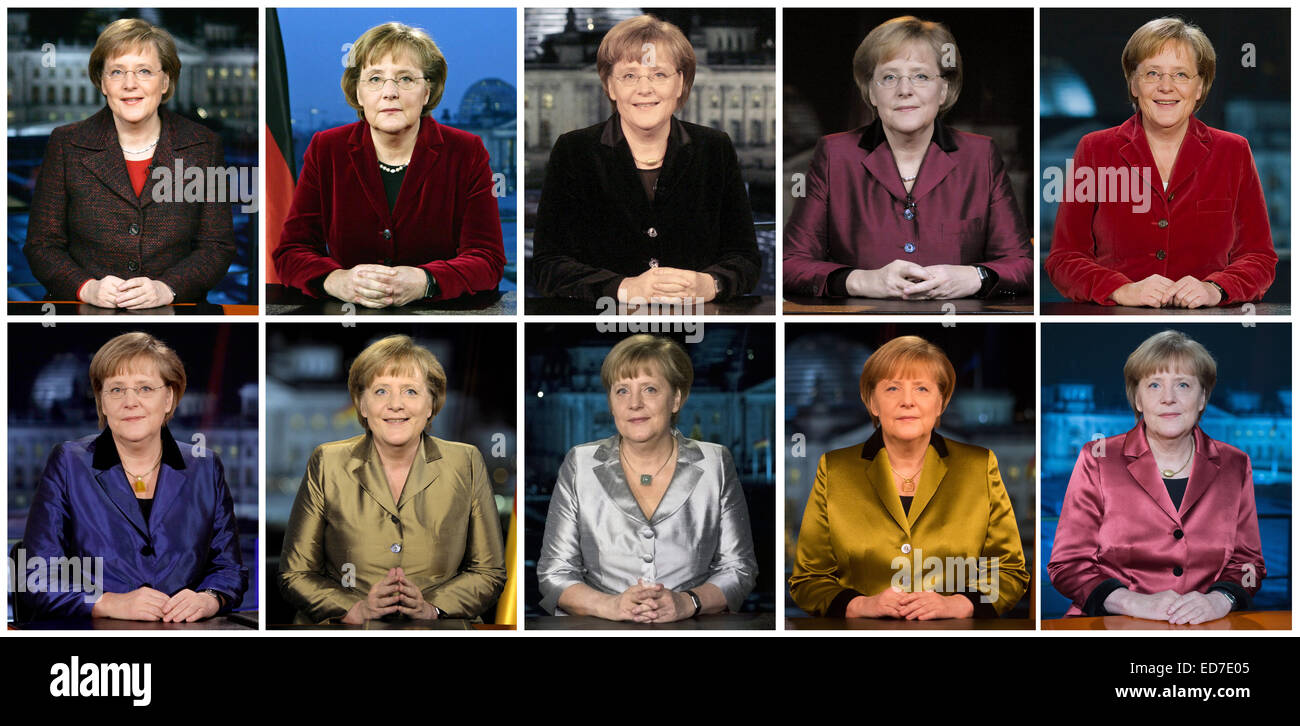 Ein zusammengesetztes Bild kompilieren zehn Datei Fotos der deutschen Bundeskanzlerin Angela Merkel (CDU) bei den jeweiligen Aufnahmen von ihr Silvester reden in den letzten zehn Jahren von 2005 bis 2009 (obere Reihe L-R) und von 2010 bis 2014 (unterste Zeile L-R) mit der jüngsten eine genommen 30. Dezember 2014 in der Kanzlei in Berlin, Deutschland. Foto: Dpa Stockfoto