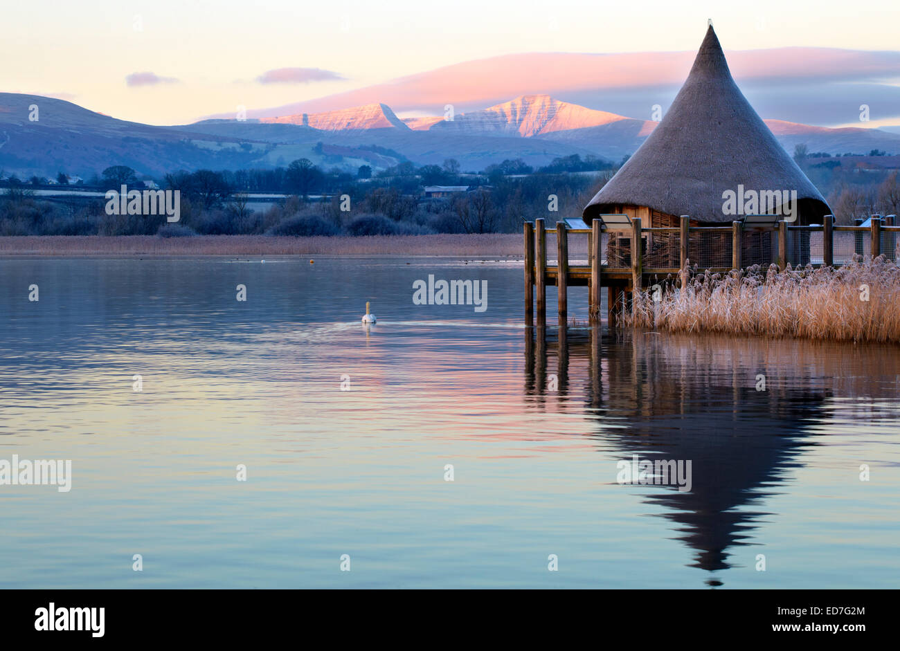 Crannog Roundhouse am Llangorse See mit Schnee bedeckt Brecon Beacons in den Hintergrund. Stockfoto