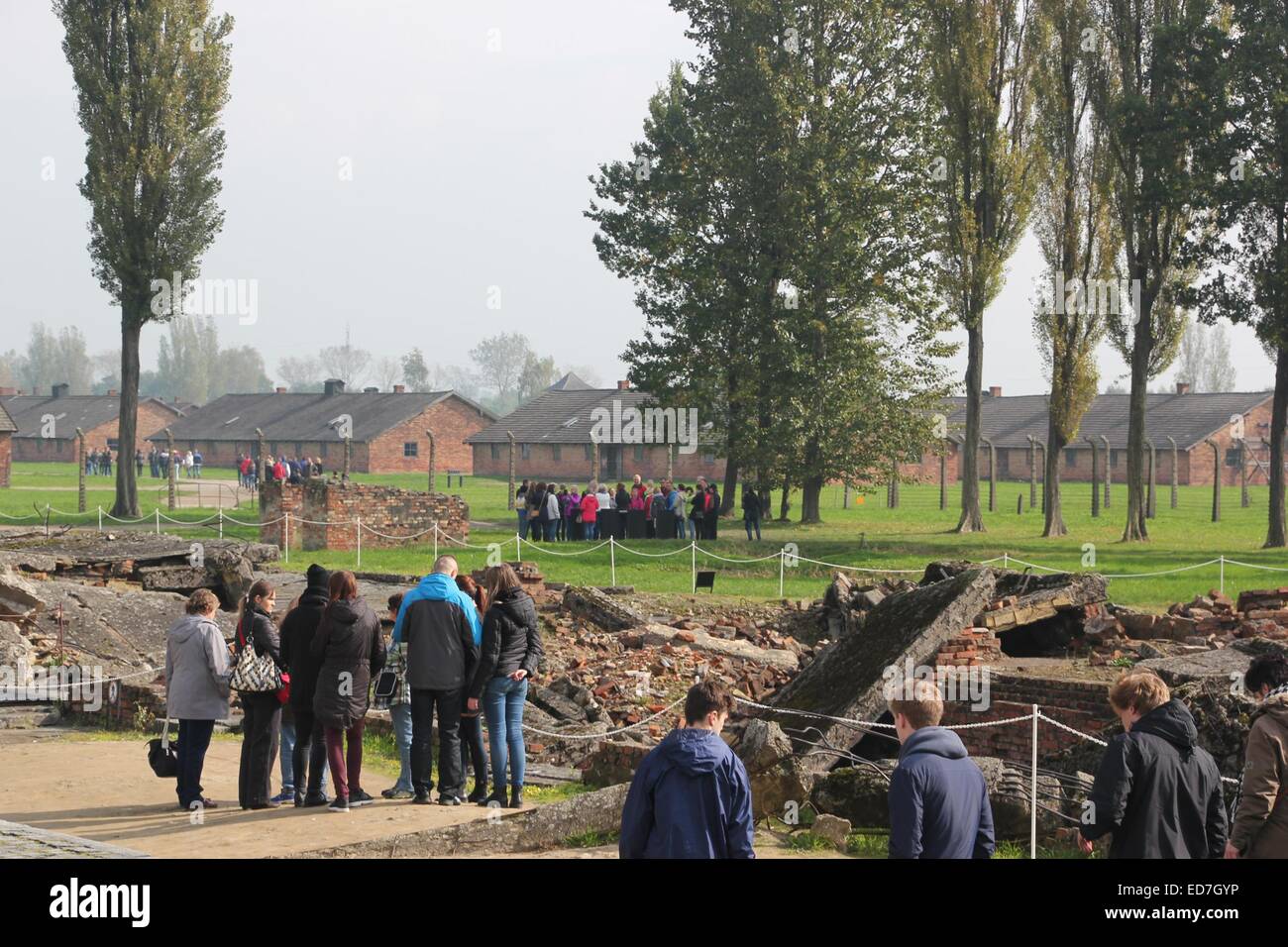 Besucher der Ruinen von Krematorium und der Gaskammer II des Konzentrationslagers Auschwitz-Birkenau sind am 4. Oktober 2014 gesehen. Die Kaserne der Frauenlager sind im Hintergrund zu sehen. SS-Truppen haben versucht, ihre Verbrechen vertuschen, durch Sprengung des Krematoriums und der Gaskammer während des deutschen Rückzugs im Januar 1945. Befreiung des Lagers wurde durch sowjetische Truppen am 27. Januar 1945 und wurde 1947 in eine Gedenkstätte und ein Museum umgebaut. Es wurde im Jahr 1979 zum UNESCO-Weltkulturerbe benannt und trägt den Namen Auschwitz-Birkenau - deutschen nationalsozialistischen Konzentrations- und Vernichtungslager Camp seit 2007. Foto Stockfoto