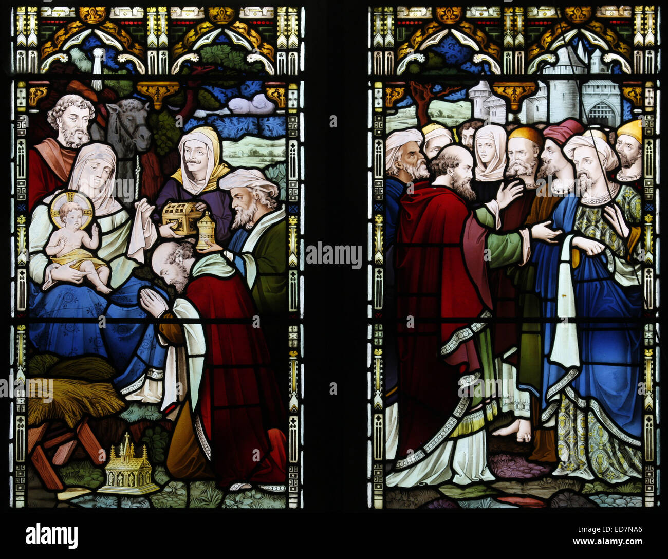 Buntglasfenster mit Darstellung der Anbetung der Könige und der Könige aus Bethlehem, St. John the Baptist Church, Barnack, Northamptonshire Stockfoto