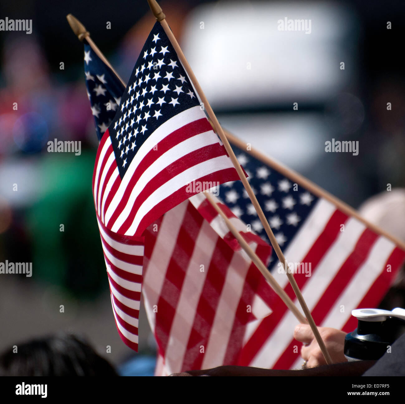 Teilnehmern winken der Veterans Day Parade, die amerikanischen Militärs im Ruhestand, in Tucson, Arizona, USA ehrt die amerikanische Flagge. Stockfoto